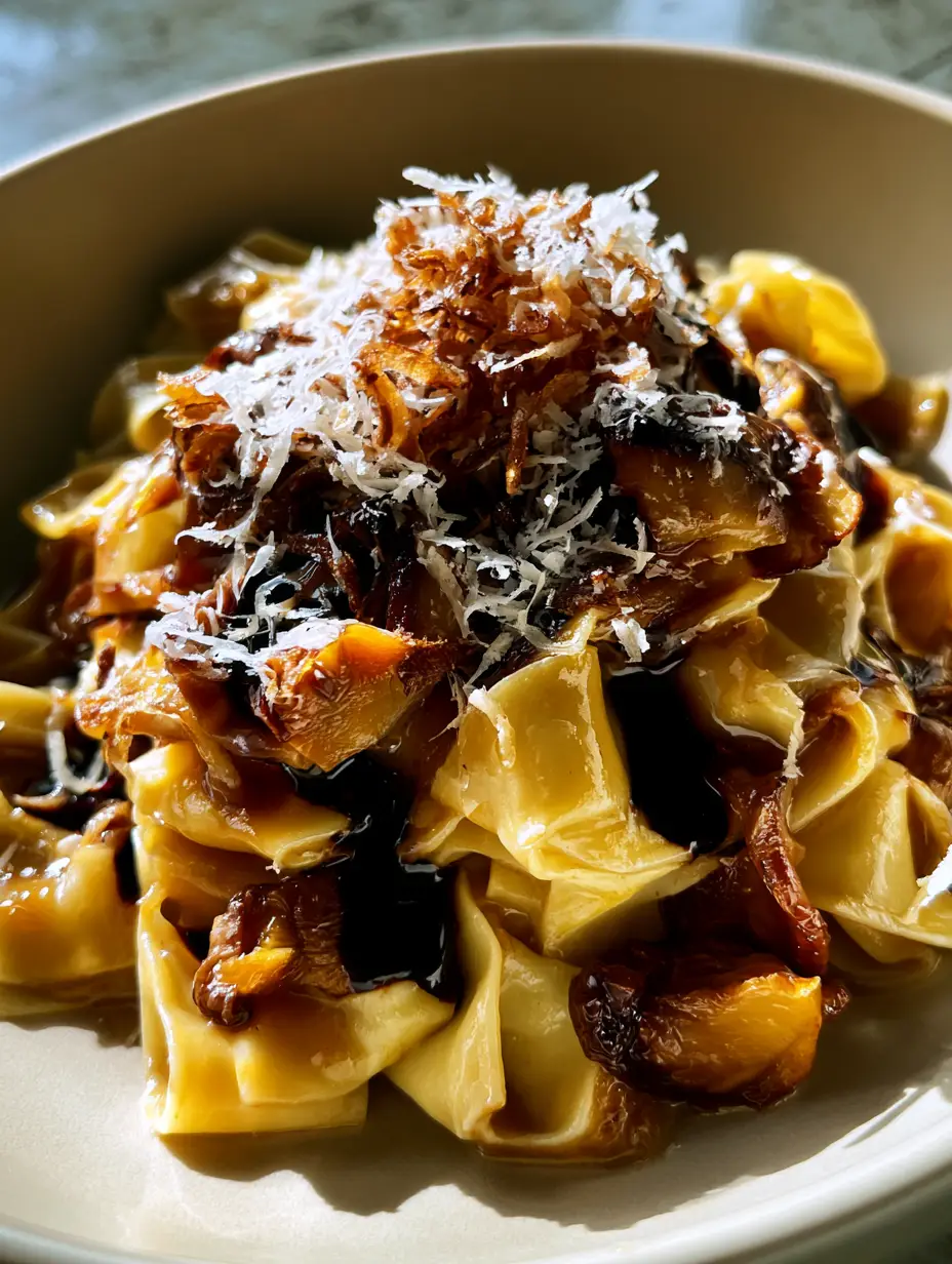 Wide view of a stone bowl filled with creamy pasta ribbons, dark-gold sauce, and seared mushrooms under natural light. (savory secrets)