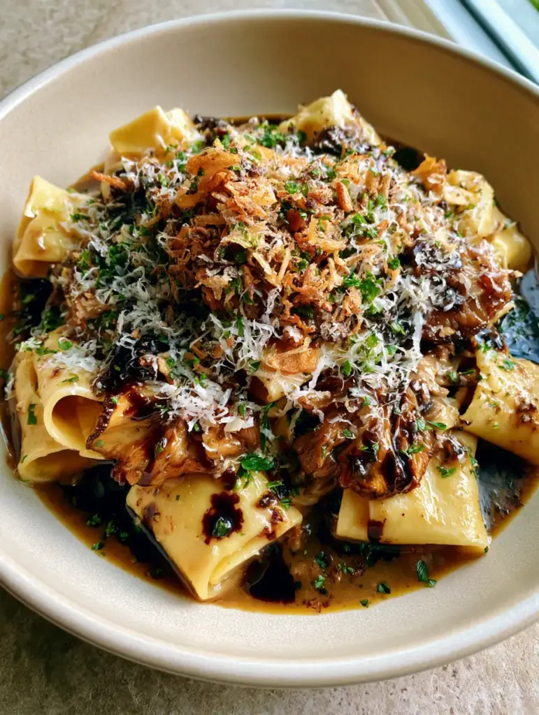 Close up of the texture of seared shiitake mushrooms and balsamic glaze on pappardelle pasta.
