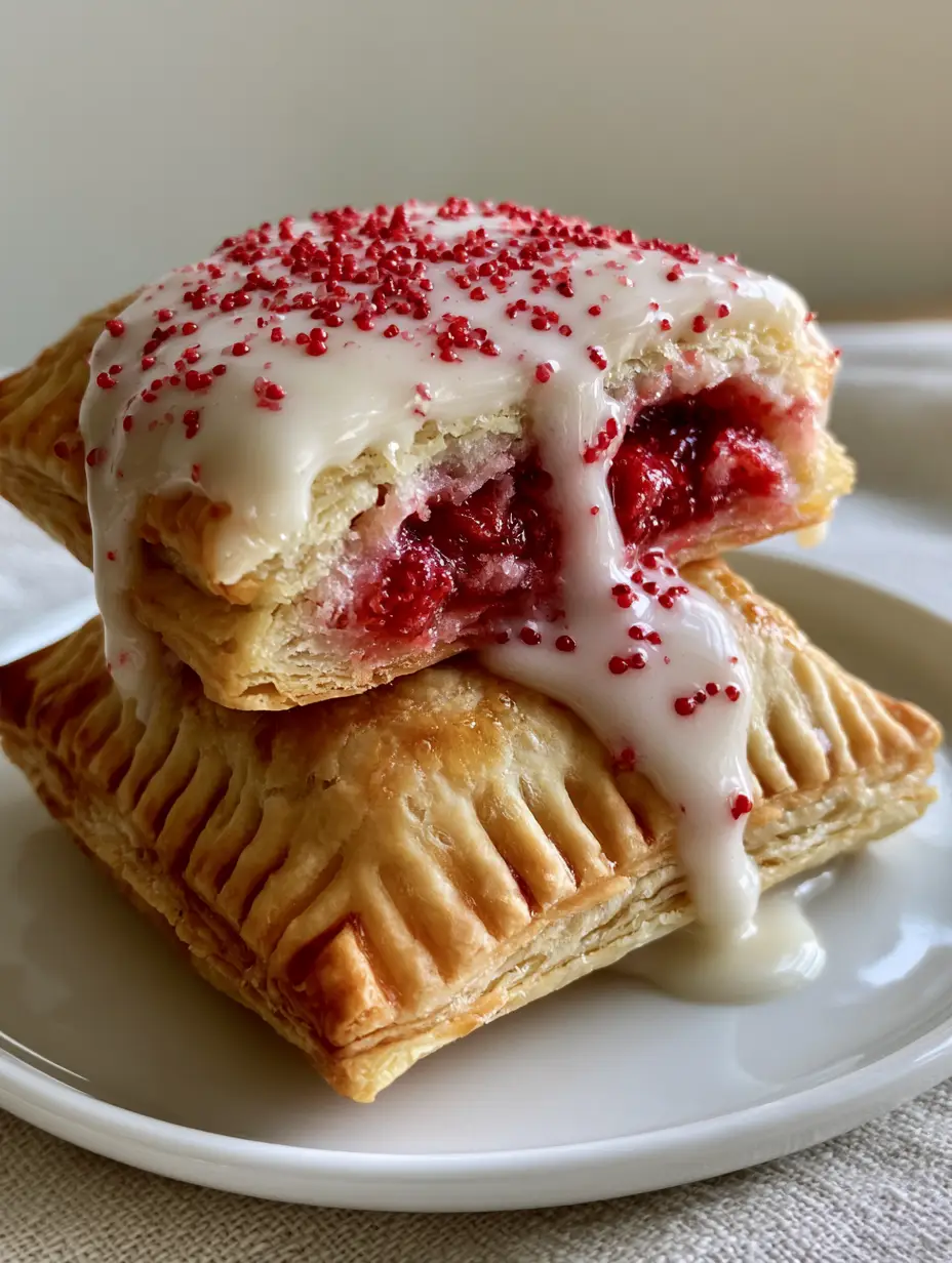 Macro shot of a strawberry pop tart snapped in half revealing a steaming ruby-red chunky fruit filling. (homemade pop tarts)