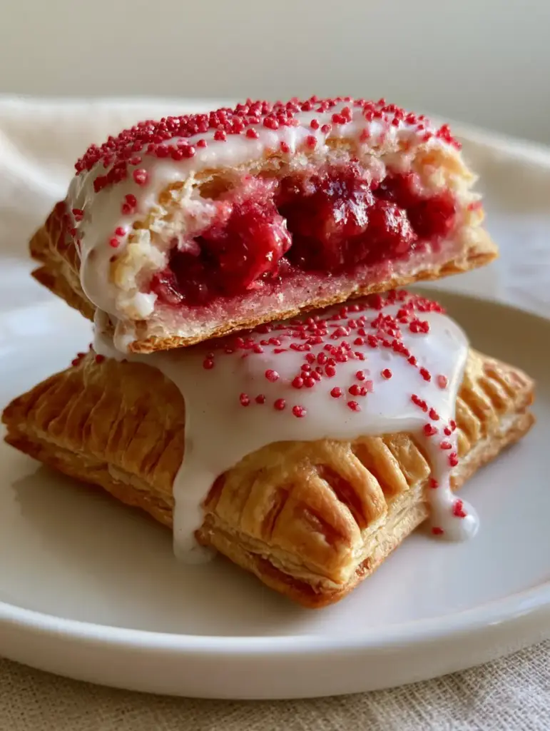 Close up of vanilla bean glaze dripping down the side of a crimped homemade pop tart with red sugar pearls.