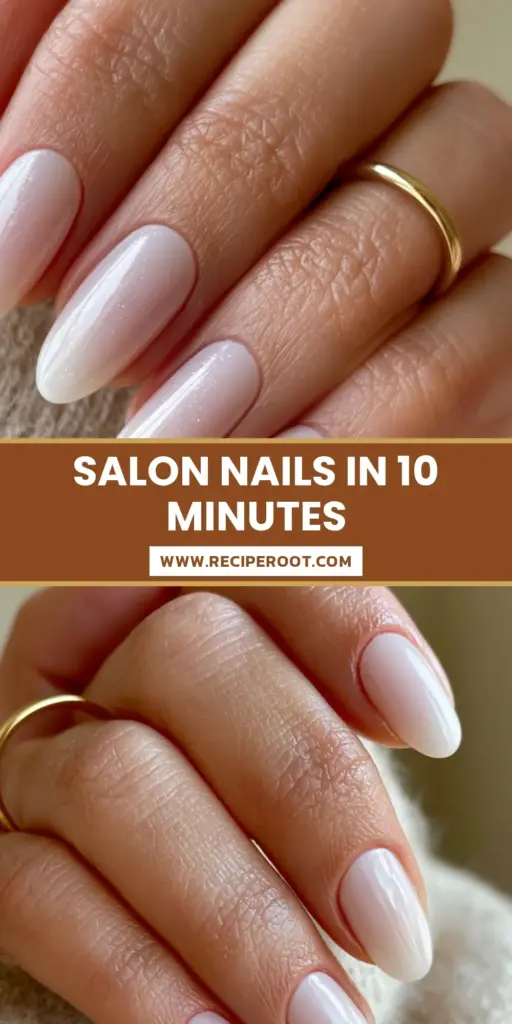 A close up of a hand with short almond press on nails in a translucent milky-white shade, featuring a glass-like top coat and a minimalist gold ring against a cashmere background.