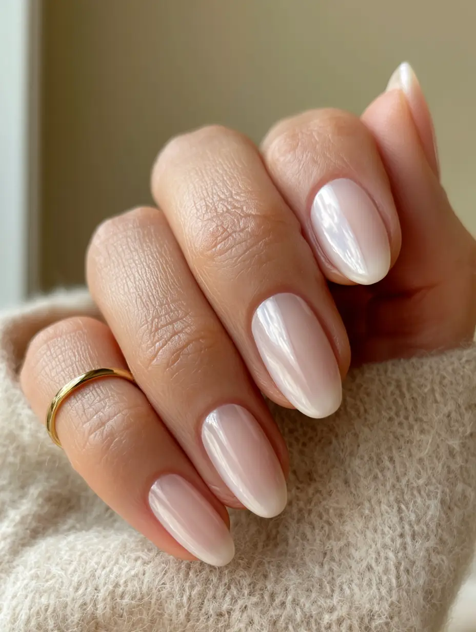 A macro smartphone photo of a hand wearing short almond press on nails in a milky white translucent shade with a high-gloss finish.