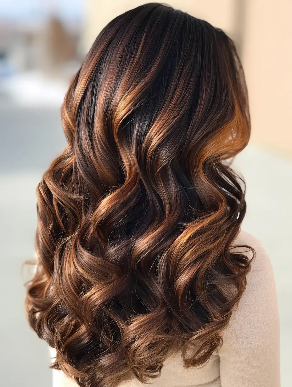 Back view of a woman with long wavy caramel balayage hair illustrating the recipe inspiration. (caramel balayage)