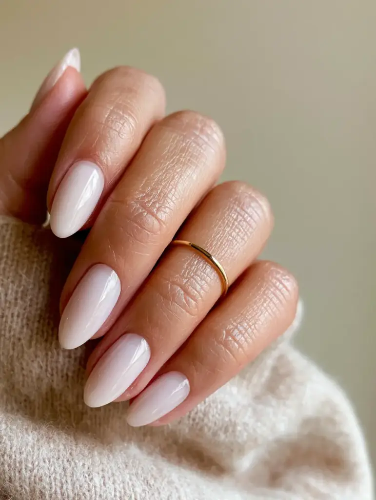 Close up view of the seamless cuticle application of short almond press on nails on a hand resting on a beige sweater.