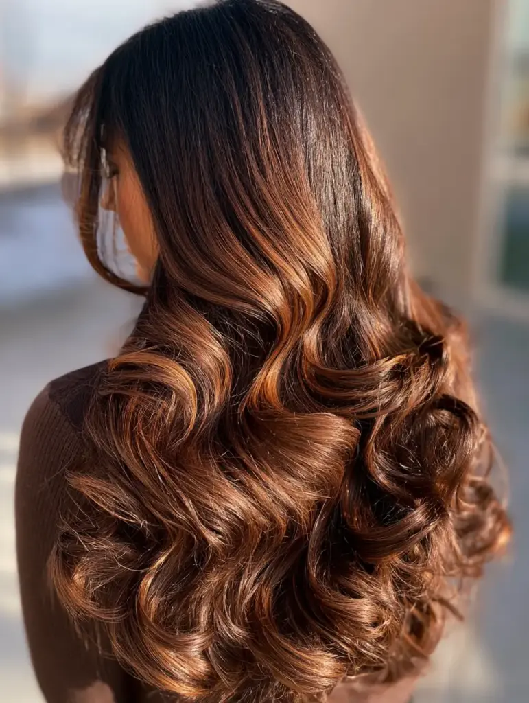 Detailed shot of honey-caramel ribbons and soft beach wave texture in hair. (caramel balayage)