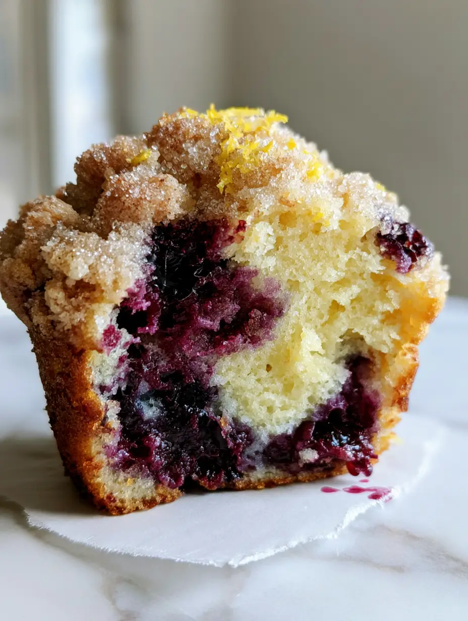 An extreme close-up of a giant Lemon Blueberry Muffin with a bite taken out, revealing moist yellow crumb and jammy purple blueberries.