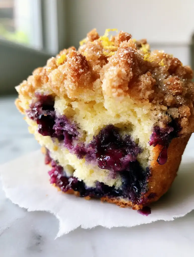 A top-down view of the chunky buttery streusel and sparkling sugar granules on top of Lemon Blueberry Muffins.