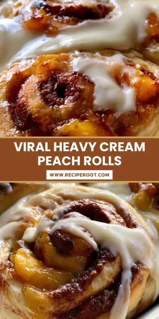 A close-up shot of giant peach cobbler cinnamon rolls with bubbling peach filling and a thick cream cheese glaze in a baking dish.