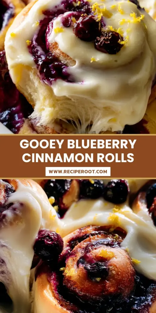 A close-up shot of jumbo blueberry cinnamon rolls in a ceramic dish with melting lemon glaze and fresh blueberries on top.
