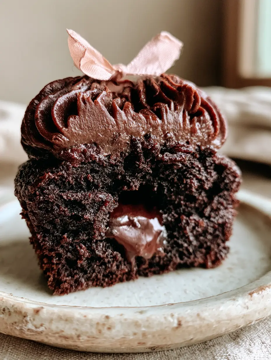 Close-up cutaway of a chocolate cupcake revealing a molten ganache core and moist crumb. (cupcake)