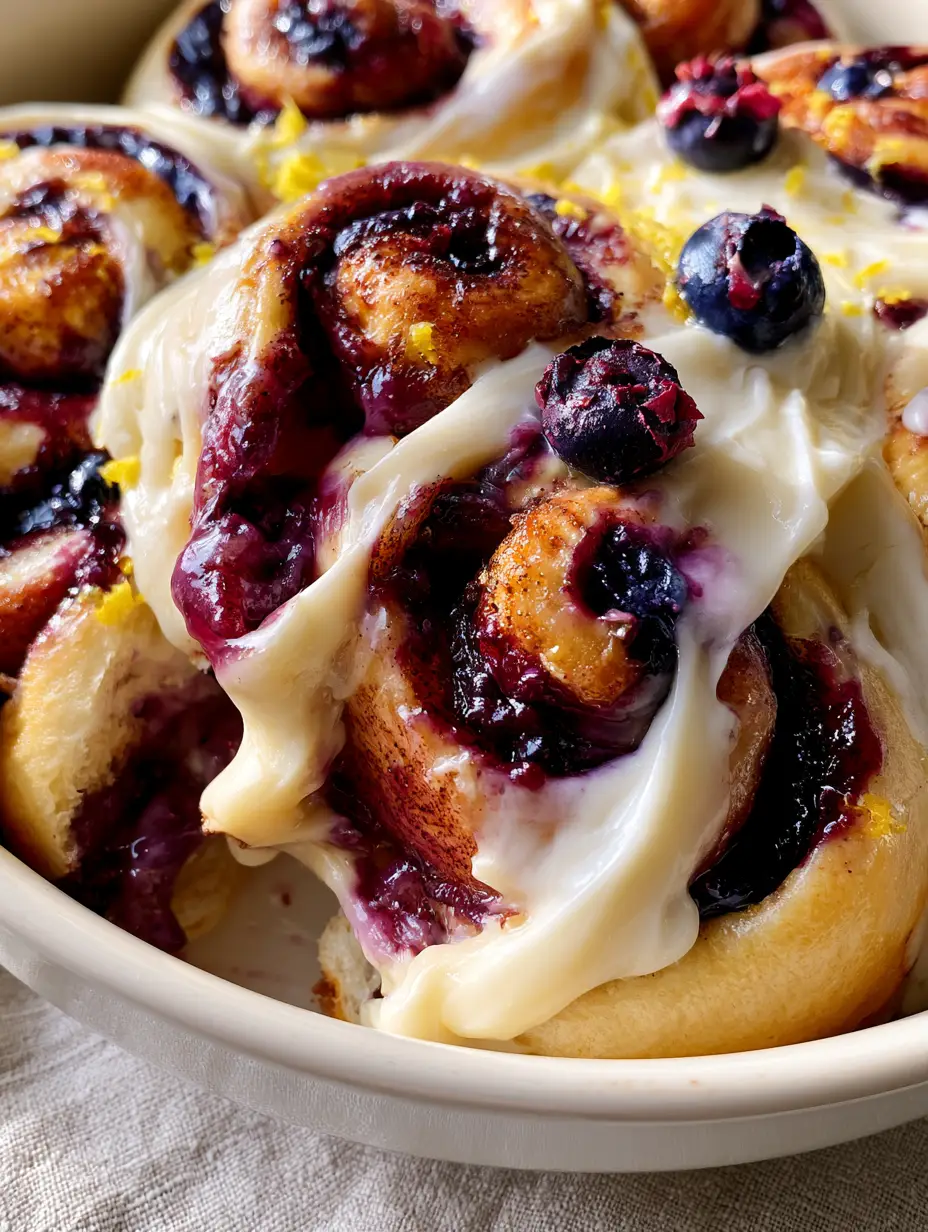 Extreme close-up of a blueberry cinnamon roll showing the stringy dough pull and bubbling purple filling.