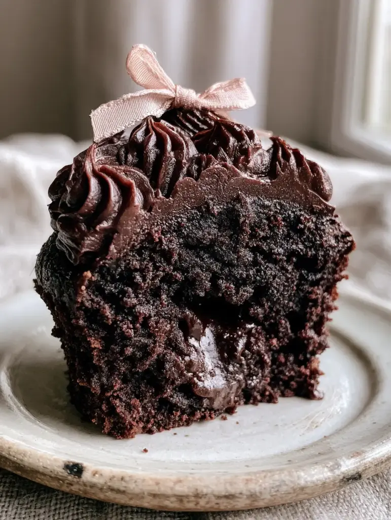 Top view of glossy chocolate buttercream piped in a vintage ruffle style with a pink ribbon.