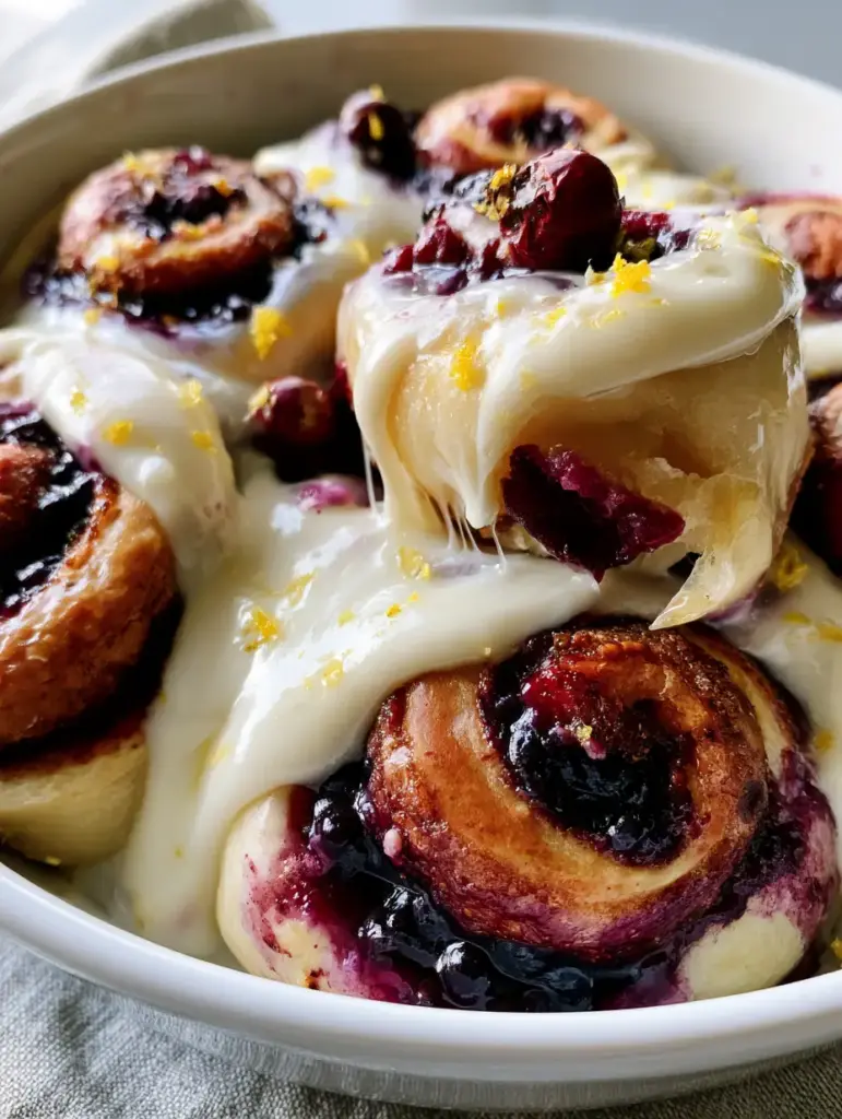 High-angle view of a baking dish filled with blueberry cinnamon rolls and ivory lemon icing.