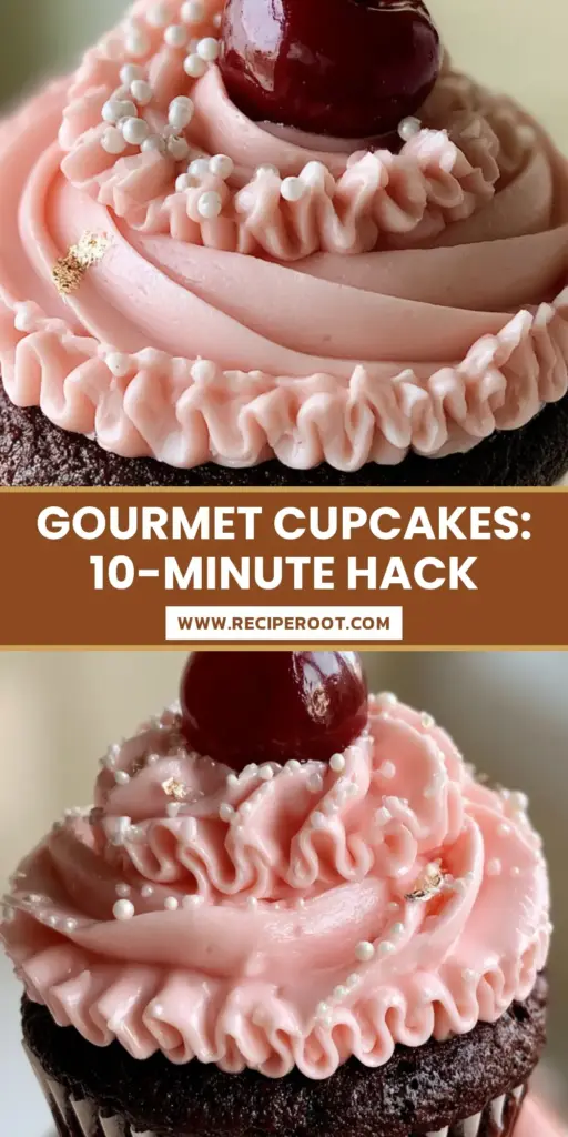 A single gourmet cupcake with dark chocolate base and pink vintage ruffle buttercream icing. (cupcakes)
