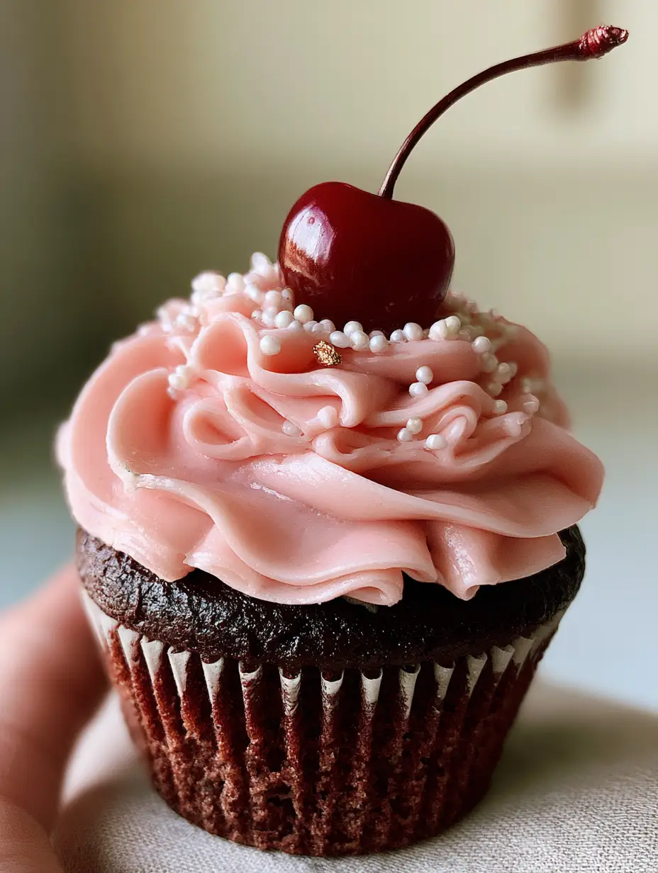 Smartphone photo of a handheld chocolate cupcake with pink silk buttercream ruffles. (cupcakes)