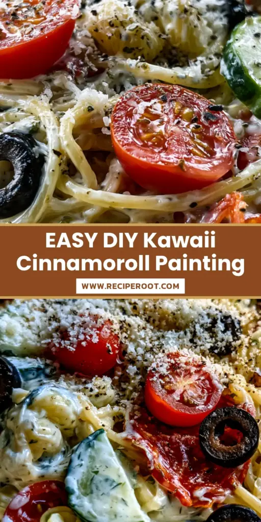 A whimsical Cinnamoroll acrylic painting showing the aesthetic inspiration for this gourmet pasta salad.