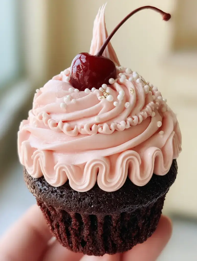 Close up of vintage Lambeth ruffle piping and a glossy maraschino cherry on a chocolate cupcake base.