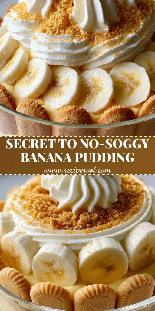 Creamy Banana Pudding with Velvet Custard and Stiff Whipped Peaks 4 A gourmet glass trifle dish filled with Creamy Banana Pudding featuring defined layers of velvet custard, upright Nilla wafers, and stiff whipped cream peaks with cookie crumbles.