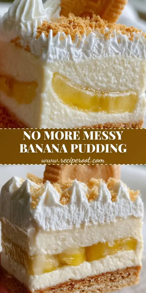 A tall Pinterest-style graphic showing a handheld banana pudding bar with visible layers of Nilla wafer crust, ivory pudding, and fresh bananas.