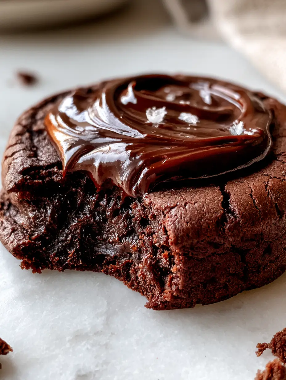 Crumbl Brownie Batter Cookies: The Ultimate Decadent Copycat Recipe 3 Extreme close-up of a Crumbl Brownie Batter Cookie showing the dense, moist interior and glossy chocolate ganache with sea salt. (Crumbl Brownie Batter Cookies)