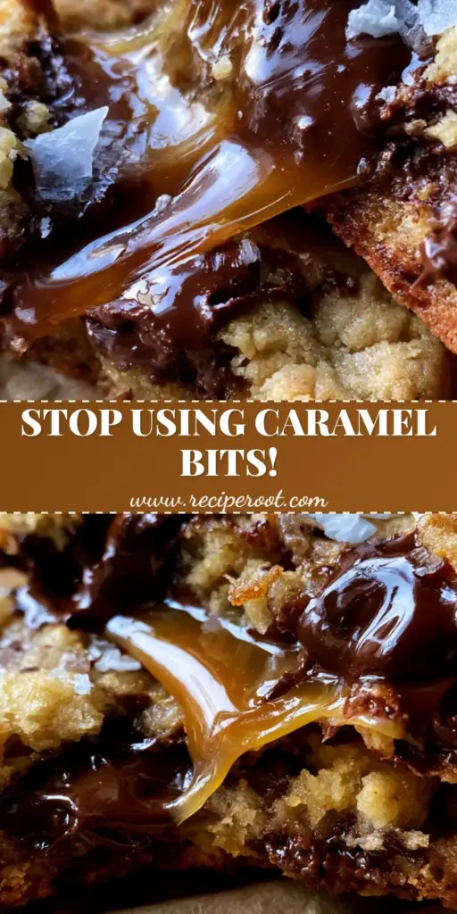 A thick brown butter caramel chocolate chip cookie being pulled apart to reveal a gooey molten caramel center.
