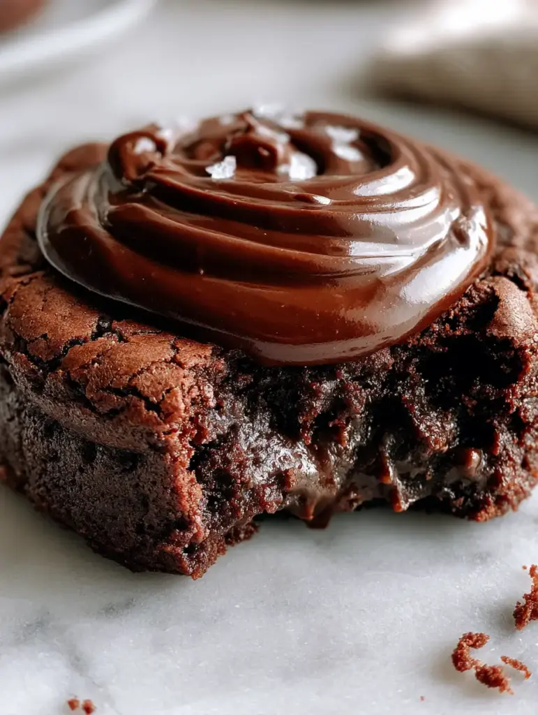 Crumbl Brownie Batter Cookies: The Ultimate Decadent Copycat Recipe 1 A handheld smartphone photo of a thick Crumbl Brownie Batter Cookie with a crackled exterior on a marble countertop.