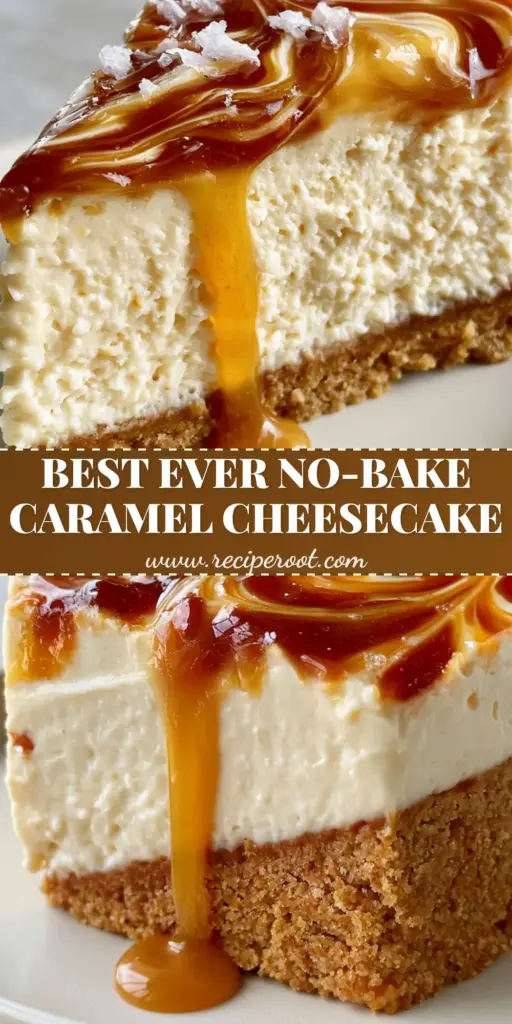 A tall slice of no-bake caramel swirl cheesecake with a thick graham cracker crust and cascading liquid caramel drizzle on a matte ceramic plate.