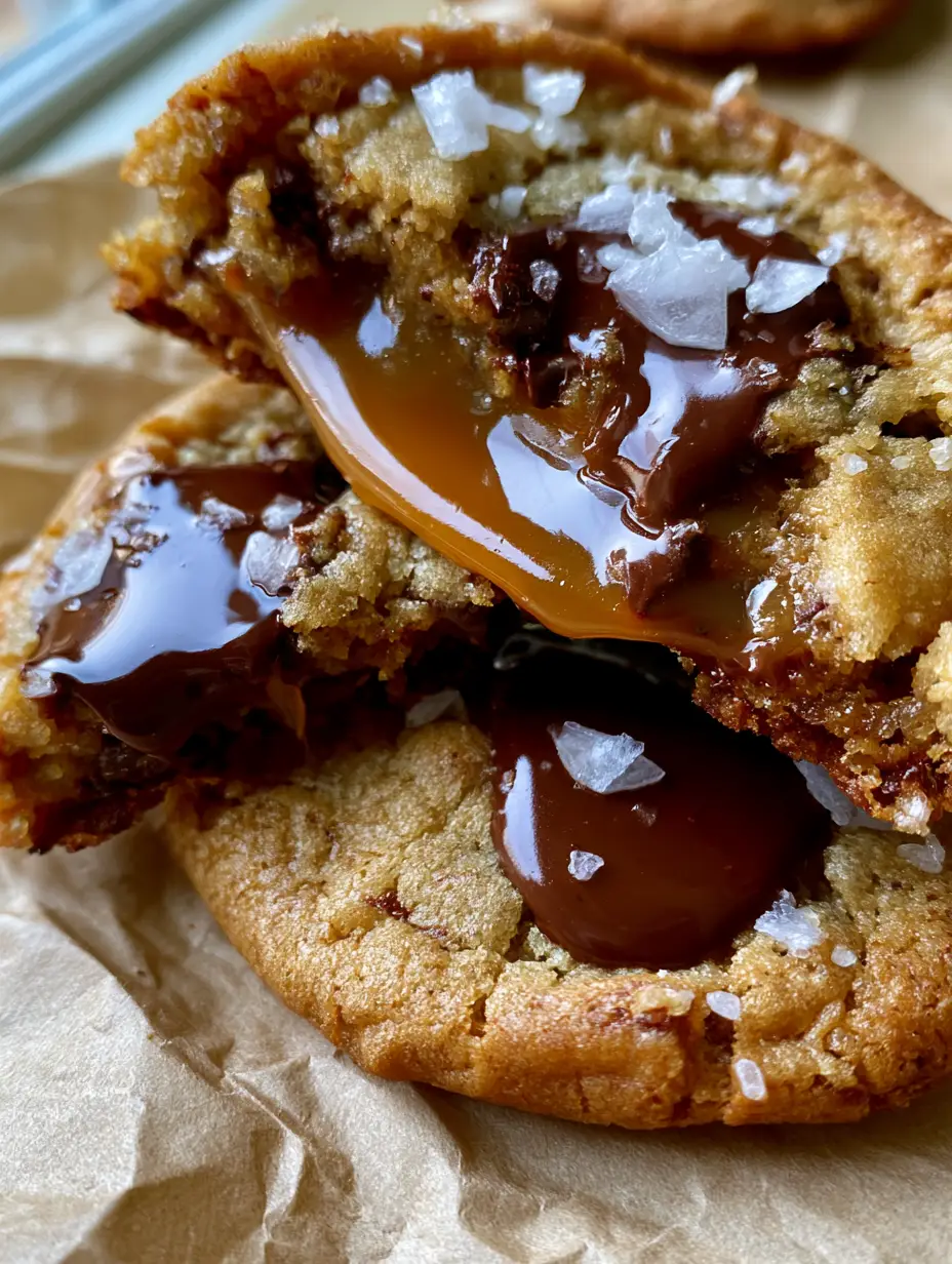 Macro shot of molten caramel chocolate chip cookies with visible chocolate pools and sea salt.