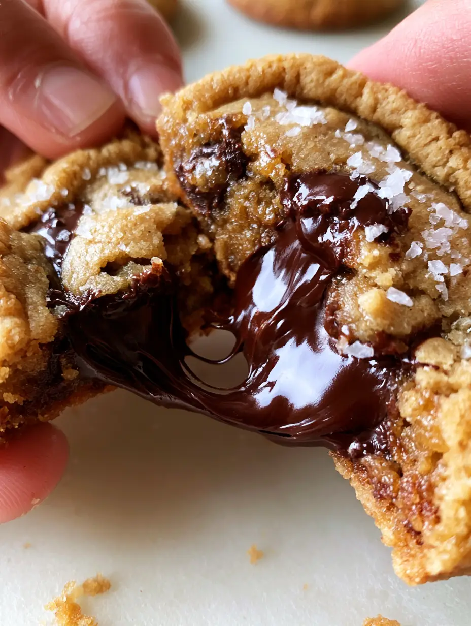 Classic Chocolate Chip Cookies with Brown Butter and Flaky Sea Salt 3 Extreme close-up of a thick bakery-style classic chocolate chip cookies being pulled apart to reveal a soft gooey center.