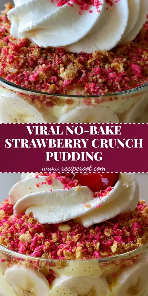 Strawberry Crunch Banana Pudding: The Ultimate Creamy Layered Dessert 5 A close-up of luxurious strawberry crunch banana pudding in a glass jar showing layers of vanilla bean custard, fresh bananas, and neon-pink crumble.