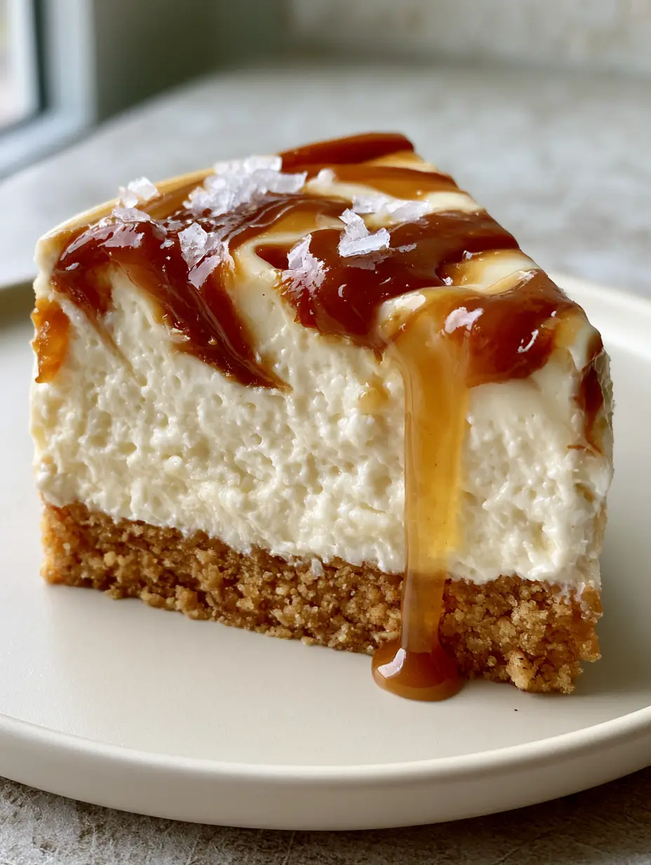Close-up handheld photo showing the creamy texture and amber ribbons of a caramel swirl cheesecake slice.