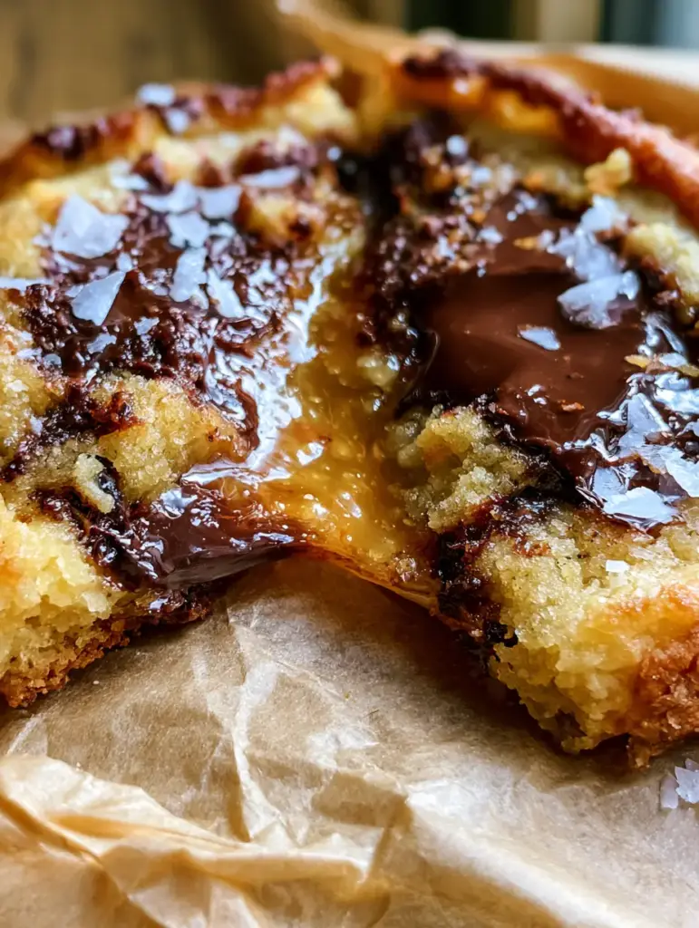 Close up of a thick cookie interior showing the doughy texture and brown butter flecks.
