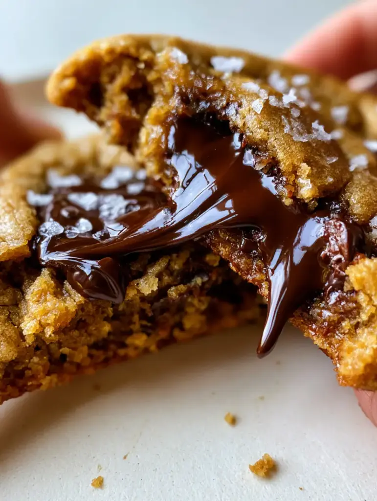 Classic Chocolate Chip Cookies with Brown Butter and Flaky Sea Salt 1 Close-up of glossy melted dark chocolate puddles on top of classic chocolate chip cookies with rippled edges.