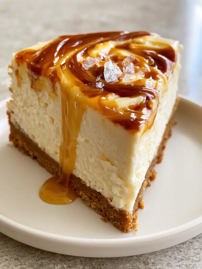 A glossy liquid caramel drizzle cascading down a tall slice of salted caramel cheesecake with visible flaky sea salt crystals.