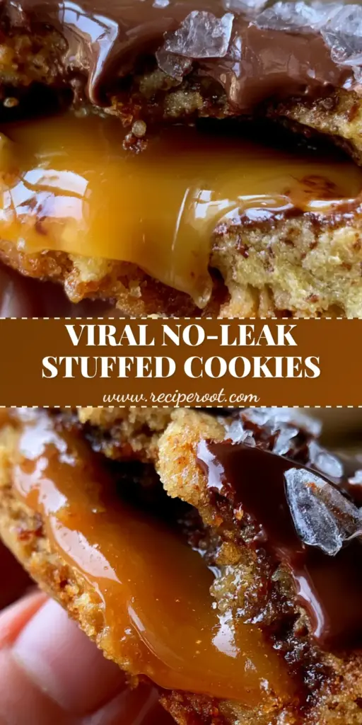 A close-up of a thick bakery-style salted caramel chocolate chip cookie being pulled apart to reveal a liquid caramel center and dark chocolate pools.