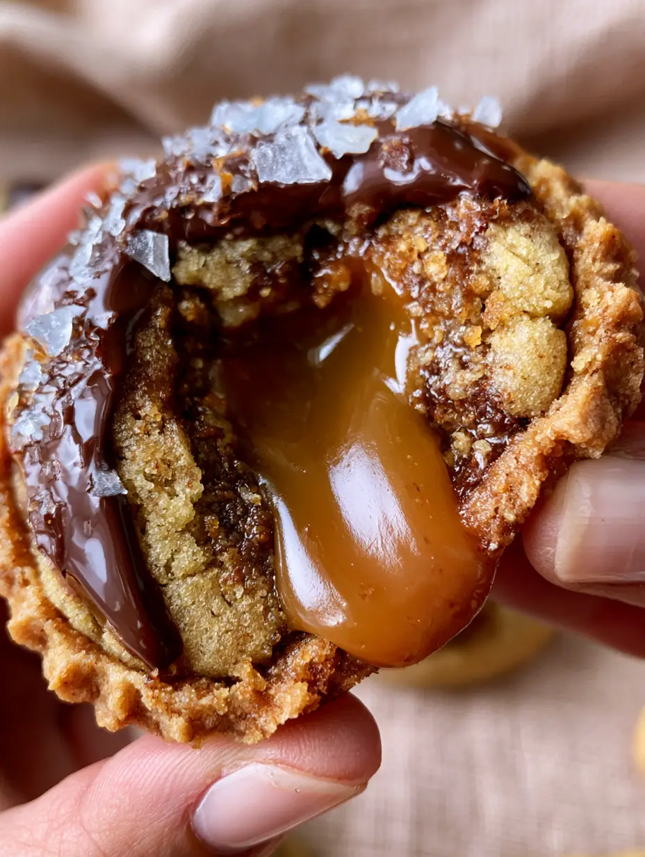 Close-up handheld photo of salted caramel chocolate chip cookies with visible brown butter specks and glistening Maldon salt.