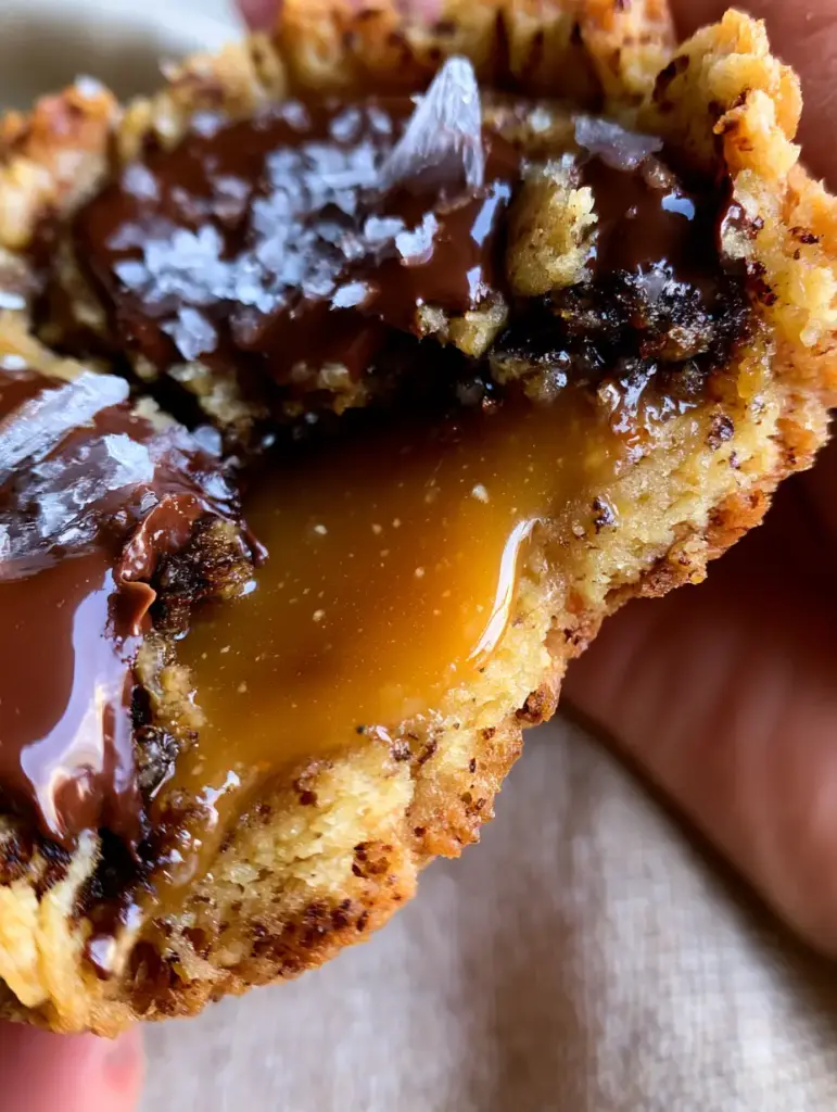 Interior view of a salted caramel chocolate chip cookie showing the pale soft dough and flowing caramel river.