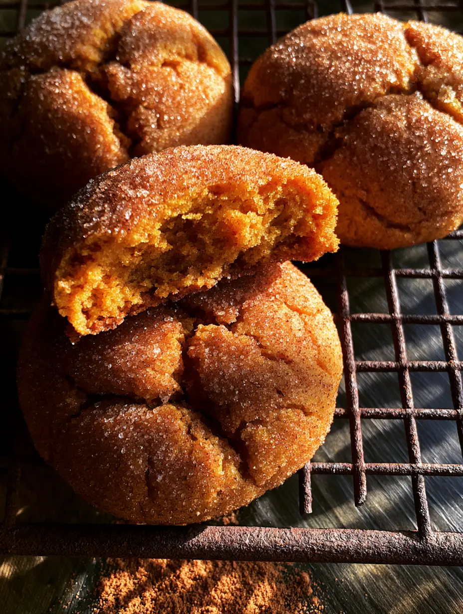 Pumpkin Snickerdoodle Cookies: The Ultimate Fudgy Autumn Treat 3 Extreme overhead macro of three thick Pumpkin Snickerdoodle Cookies with deep cracks and sparkling cinnamon sugar. (Pumpkin Snickerdoodle Cookies)