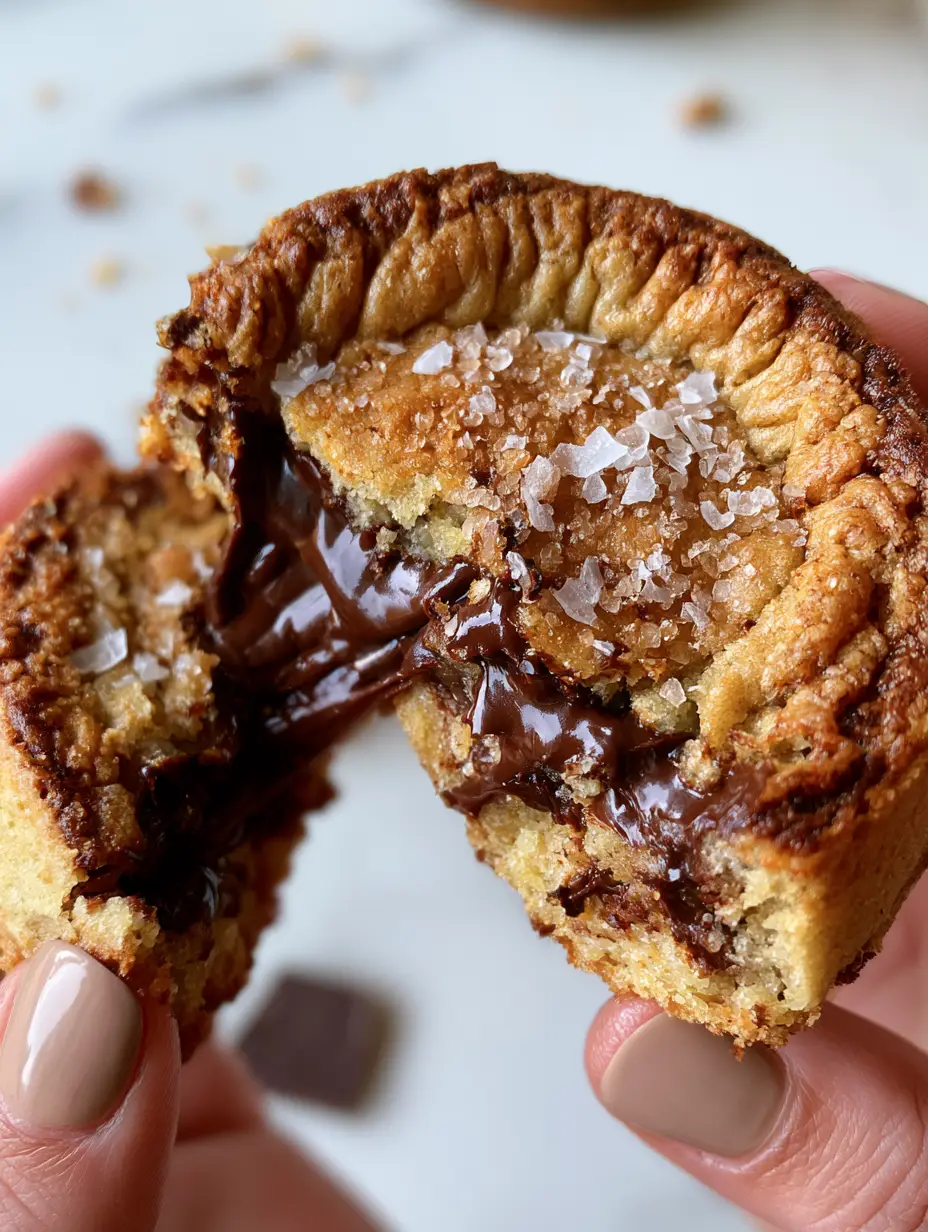 Best chocolate chip cookies: The Ultimate Brown Butter and Flaky Sea Salt Guide 3 POV handheld photo of a thick chocolate chip cookie with a crinkle top and molten chocolate. (best chocolate chip cookies)