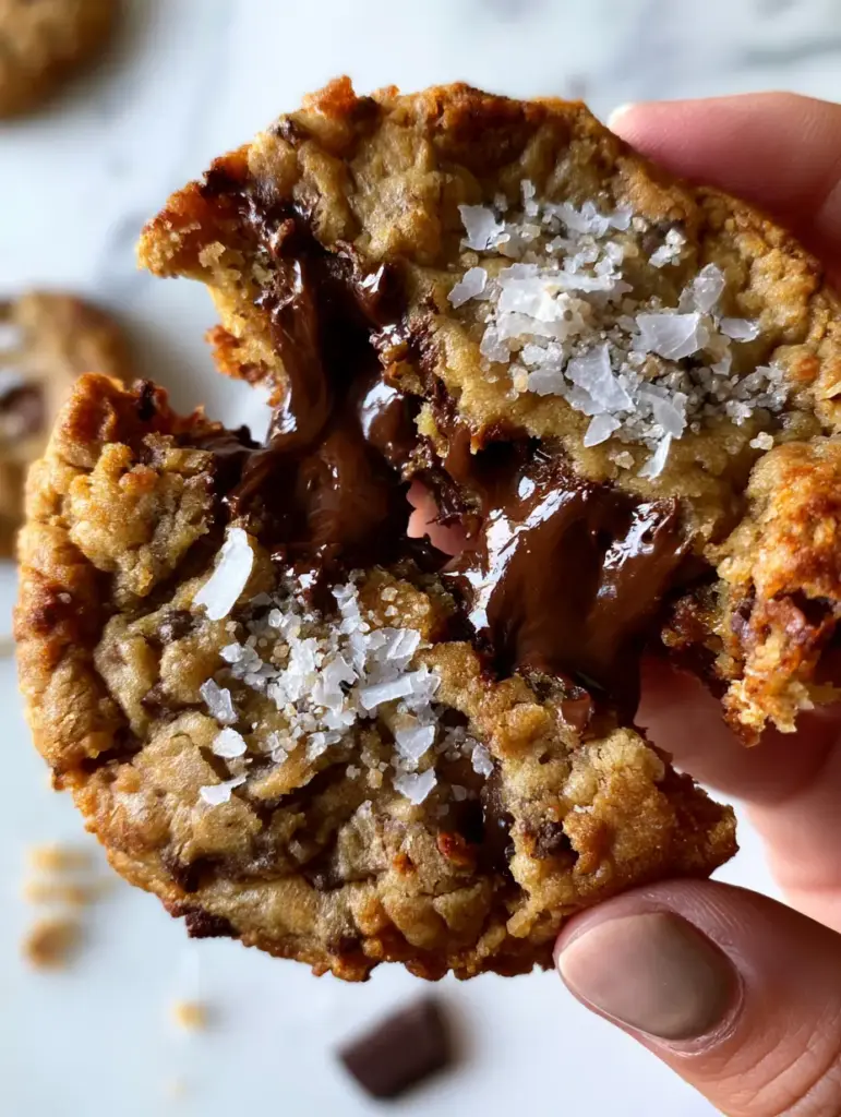 Best chocolate chip cookies: The Ultimate Brown Butter and Flaky Sea Salt Guide 1 Close-up of a broken chocolate chip cookie on white marble showing the gooey center and dark chocolate pools.
