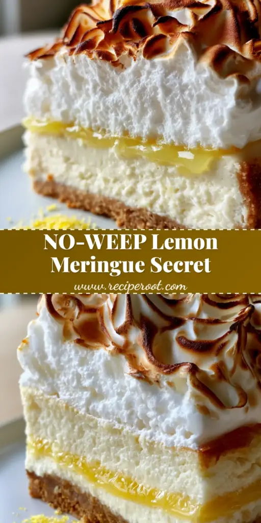 A towering slice of lemon meringue cheesecake with a thick graham crust, ivory cheesecake base, neon lemon curd, and 4-inch toasted meringue peaks.