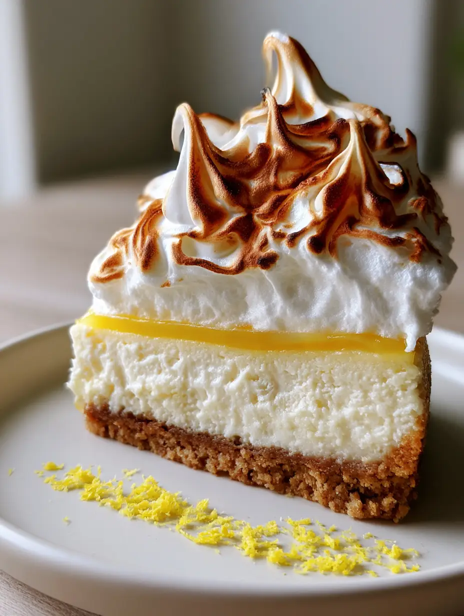 Macro close-up showing the four distinct layers of a lemon meringue cheesecake including translucent curd and charred meringue tips.