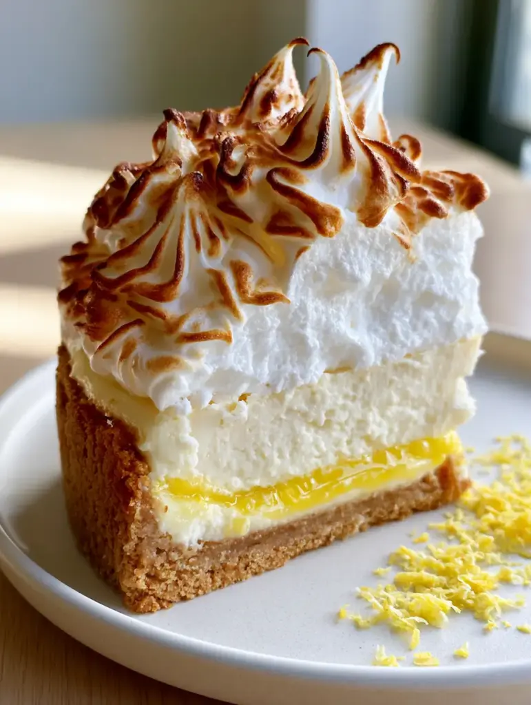 Eye-level view of a single slice of lemon meringue cheesecake on a matte white plate with micro-planed lemon zest.
