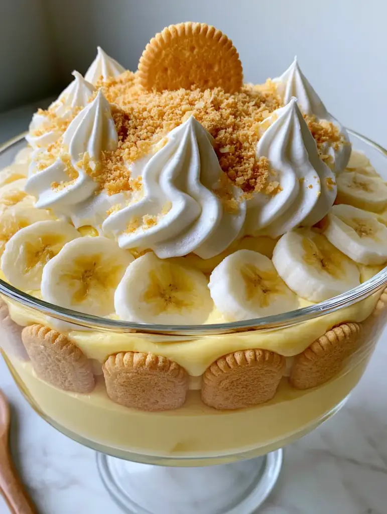 Creamy Banana Pudding with Velvet Custard and Stiff Whipped Peaks 1 Eye-level view of a clear glass dish with Creamy Banana Pudding, featuring bright yellow bananas and high stiff peaks of whipped cream.