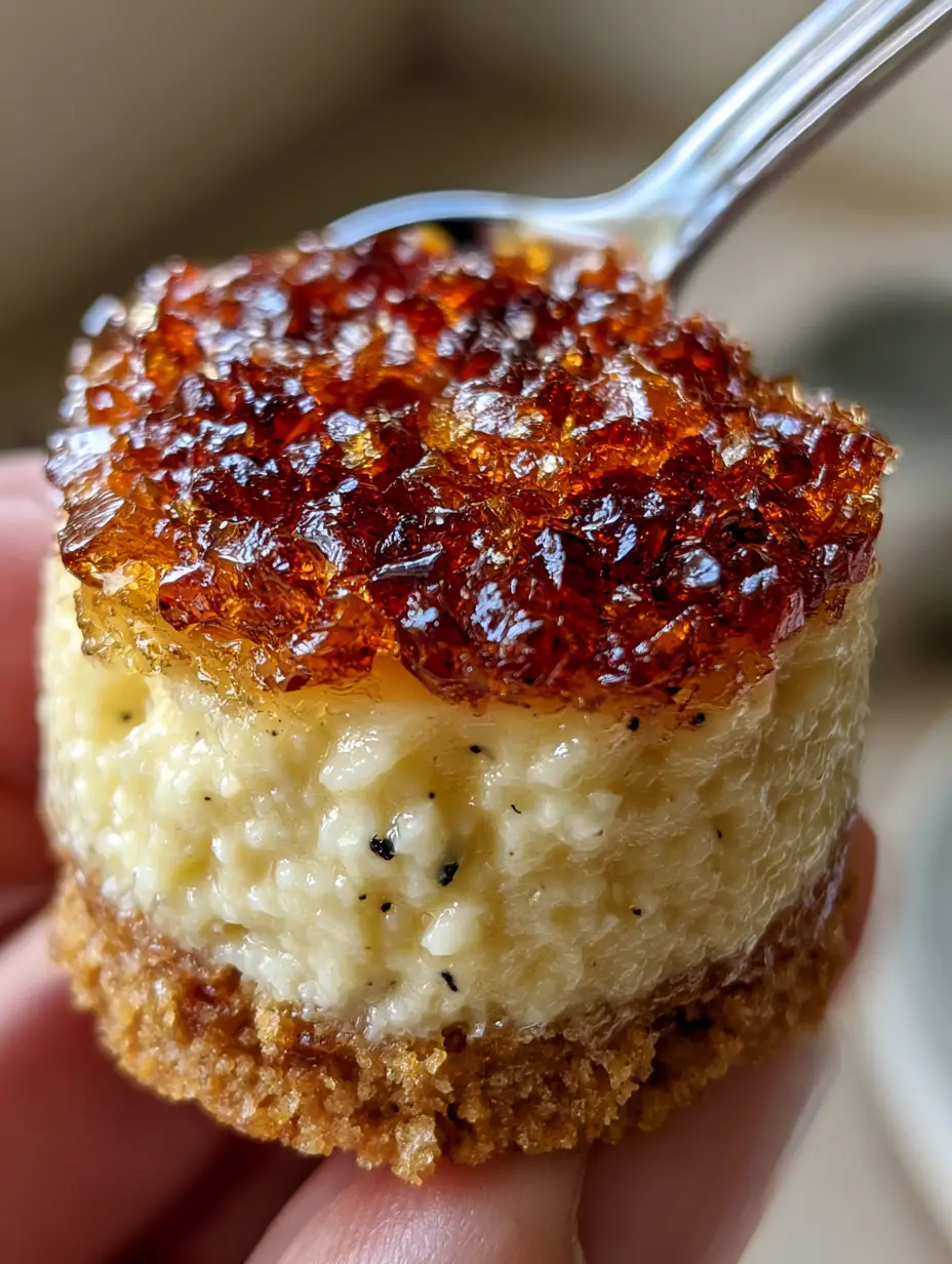 Mini Crème Brûlée Cheesecakes with Shattered Sugar Shards 3 Extreme close-up of a single mini crème brûlée cheesecake with a thick amber caramelized sugar topping and visible vanilla bean specks.