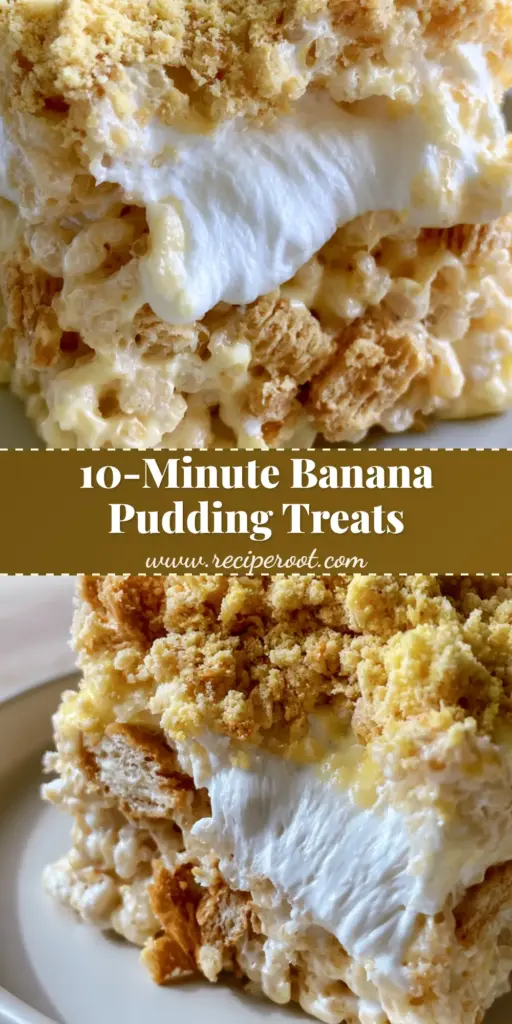 A thick, square-cut Banana Pudding Rice Krispy Treat being pulled apart to show a stretchy marshmallow center.