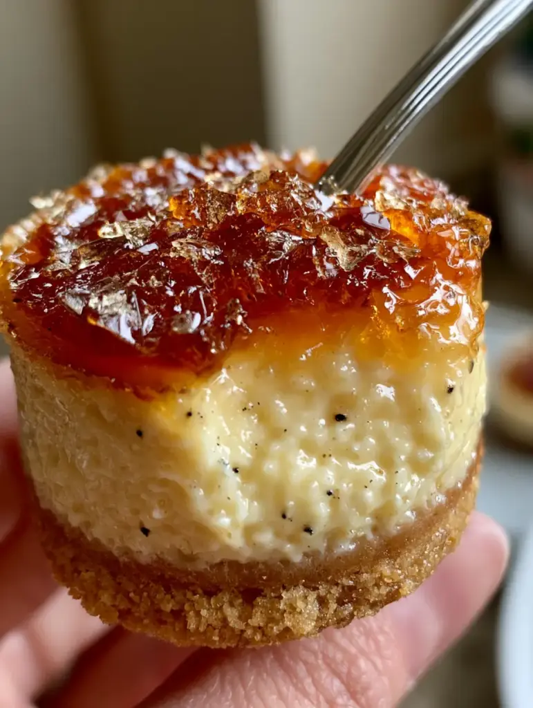 Mini Crème Brûlée Cheesecakes with Shattered Sugar Shards 1 Handheld photo showing a silver spoon breaking through the glass-like sugar layer of a mini crème brûlée cheesecake.