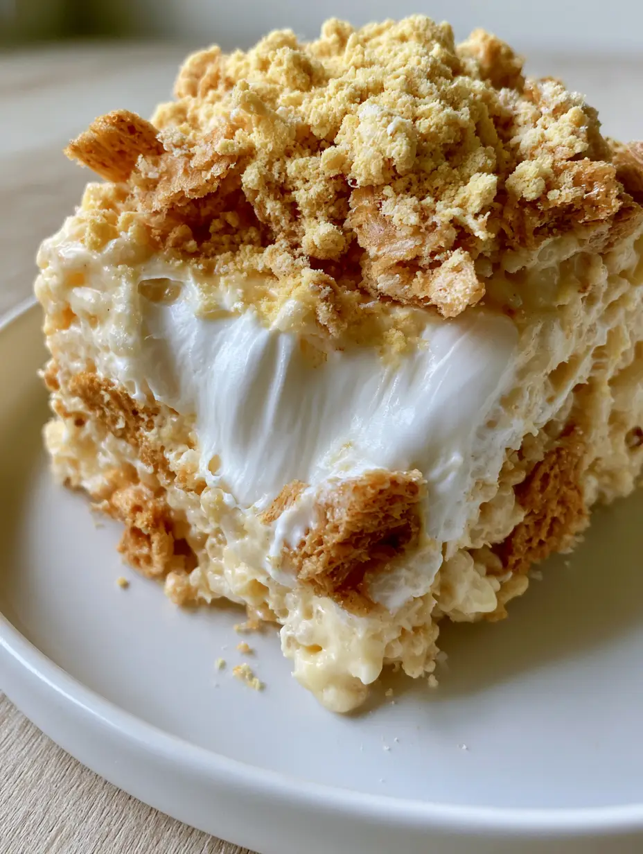 Extreme close-up of a Banana Pudding Rice Krispy Treat with yellow custard glaze and Nilla Wafer chunks.