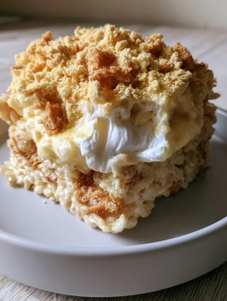 A square-cut Banana Pudding Rice Krispy Treat showing the buttery crumb topping and pale yellow dusting.
