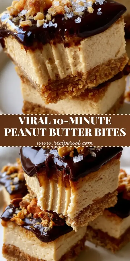 Peanut Butter Cheesecake Bites: The Ultimate No-Bake Indulgence 3 A stack of Peanut Butter Cheesecake Bites with a thick graham cracker crust, pale peanut butter filling, and pooling dark chocolate ganache on a matte plate.